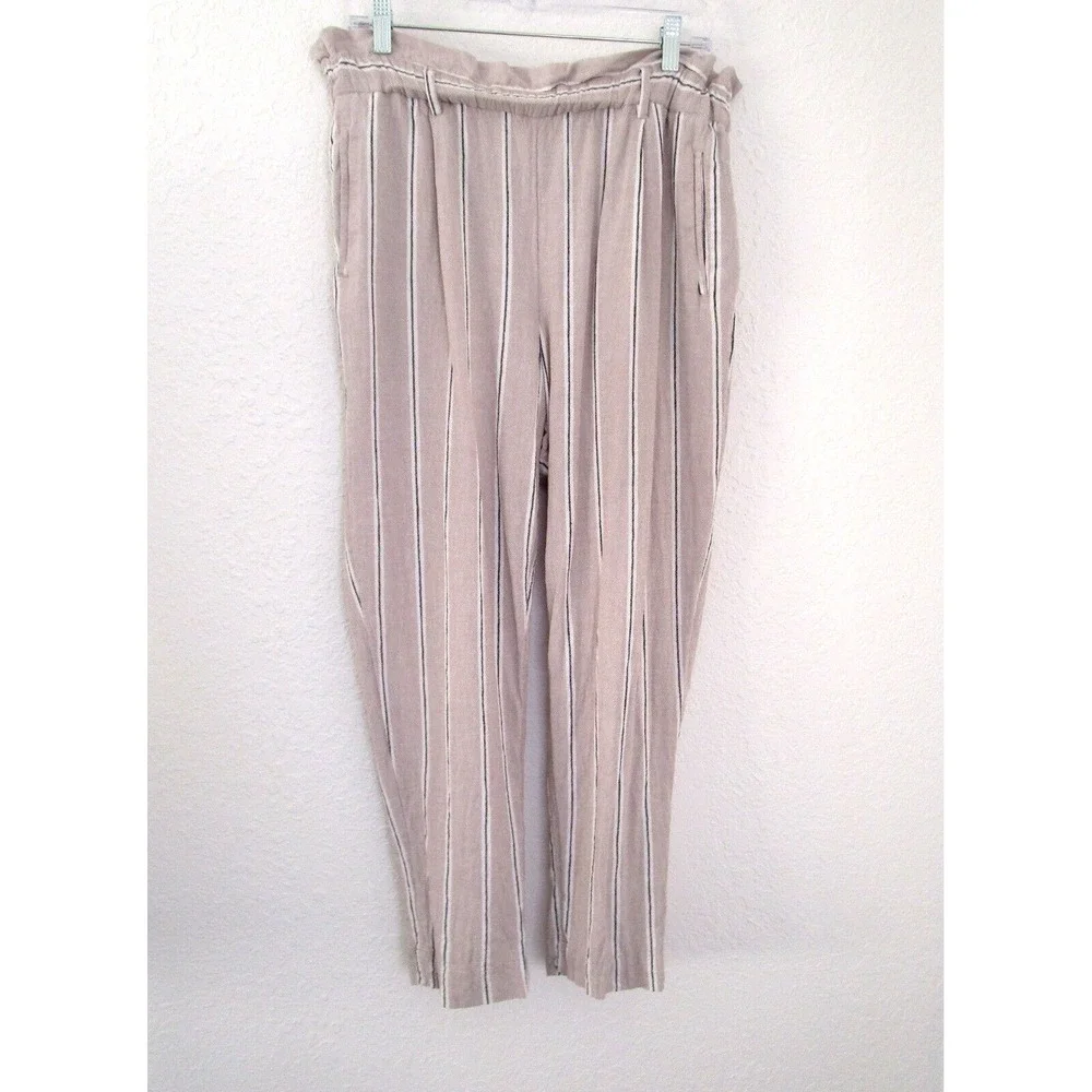 H&M Linen Blend Paper Bag Striped Women's Pant Size 10 Beige Coastal Boho